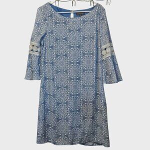 Luxology Womens Light Blue Geometric Print Dress Keyhole Accent Long Sleeve Sz 8